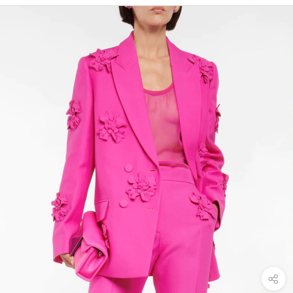BARBIE PINK FLORAL EMBROIDERED PEAK LAPEL DOUBLE BREASTED XXL BLAZER & L PANTS